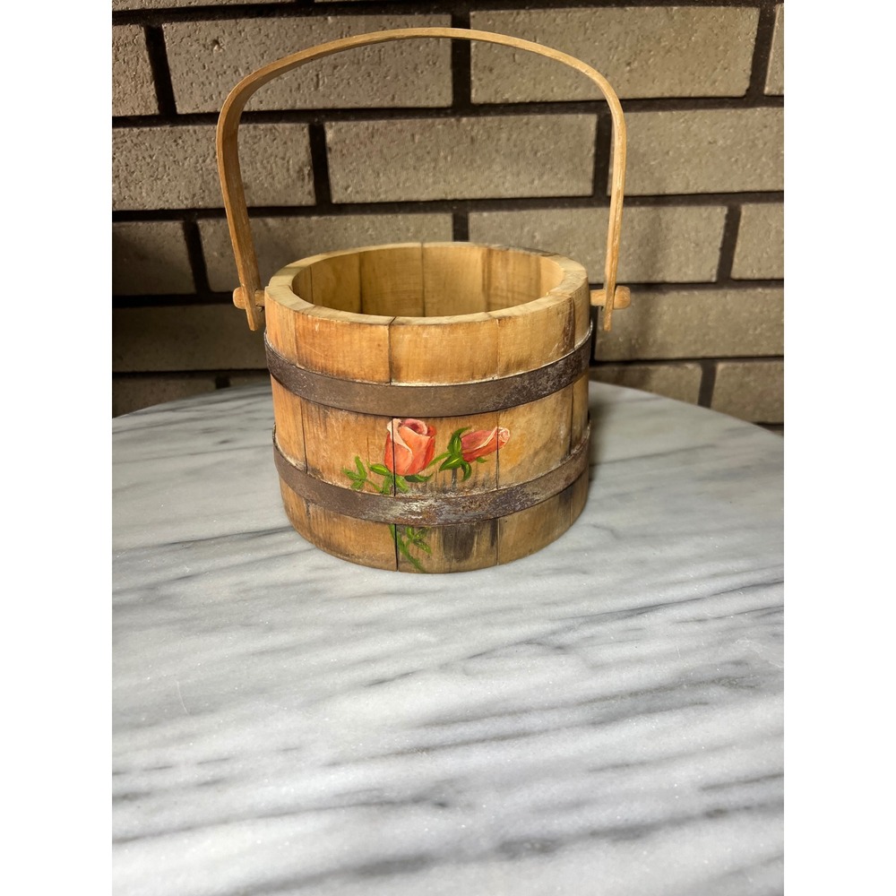 Vintage Hand Painted Rose Wooden Bucket Primitive Stave Pail with Handle